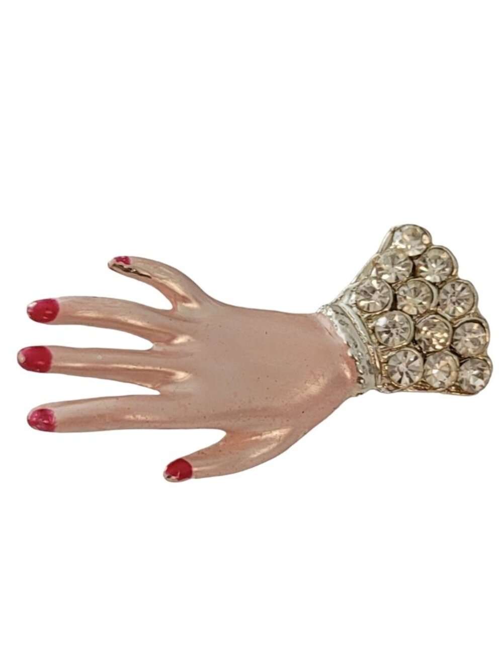 Vintage Clear Pave Rhinestone Enamel Hand, Red Polished Nails Brooch Pin E852